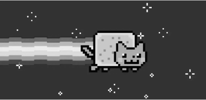 Foto do meme do Nyan Cat, onde um gato voa pelo espaço deixando uma trilha de arco-íris para trás.
