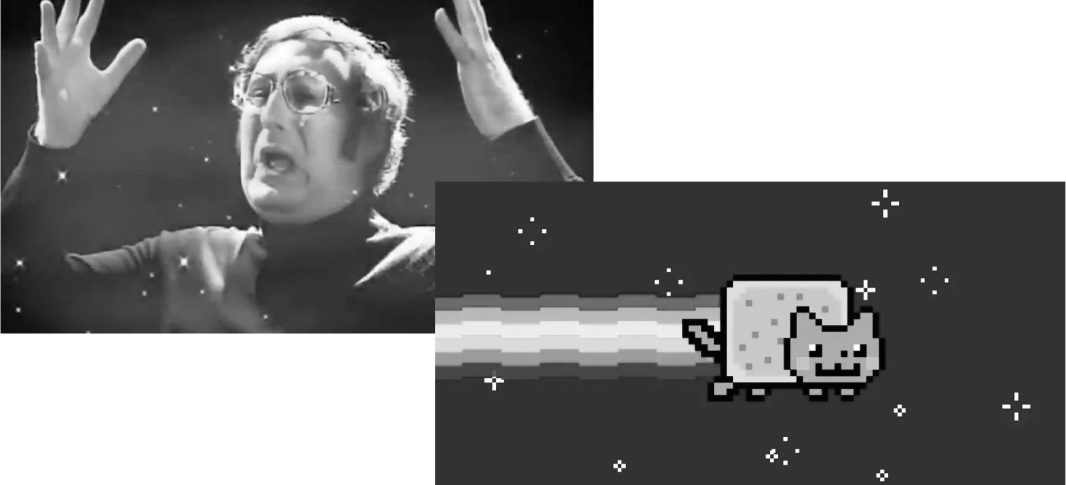 Duas fotos foram agrupadas. Em uma delas, tem o meme da mente explodindo, e na outra, tem o meme do Nyan Cat, onde um gato voa pelo espaço deixando uma trilha de arco-íris para trás.